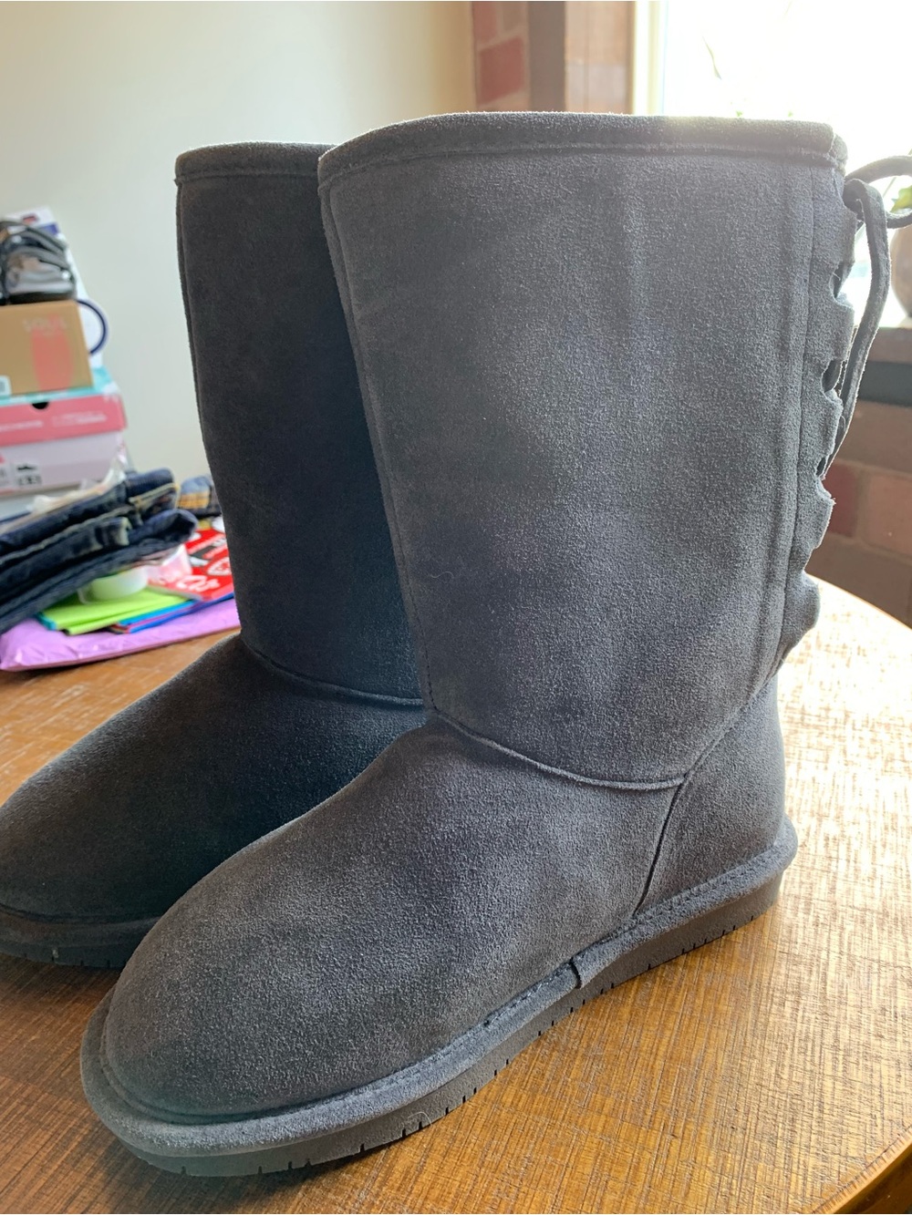 BearPaw Grey Suede with Shearling  Mid-Calf Boots